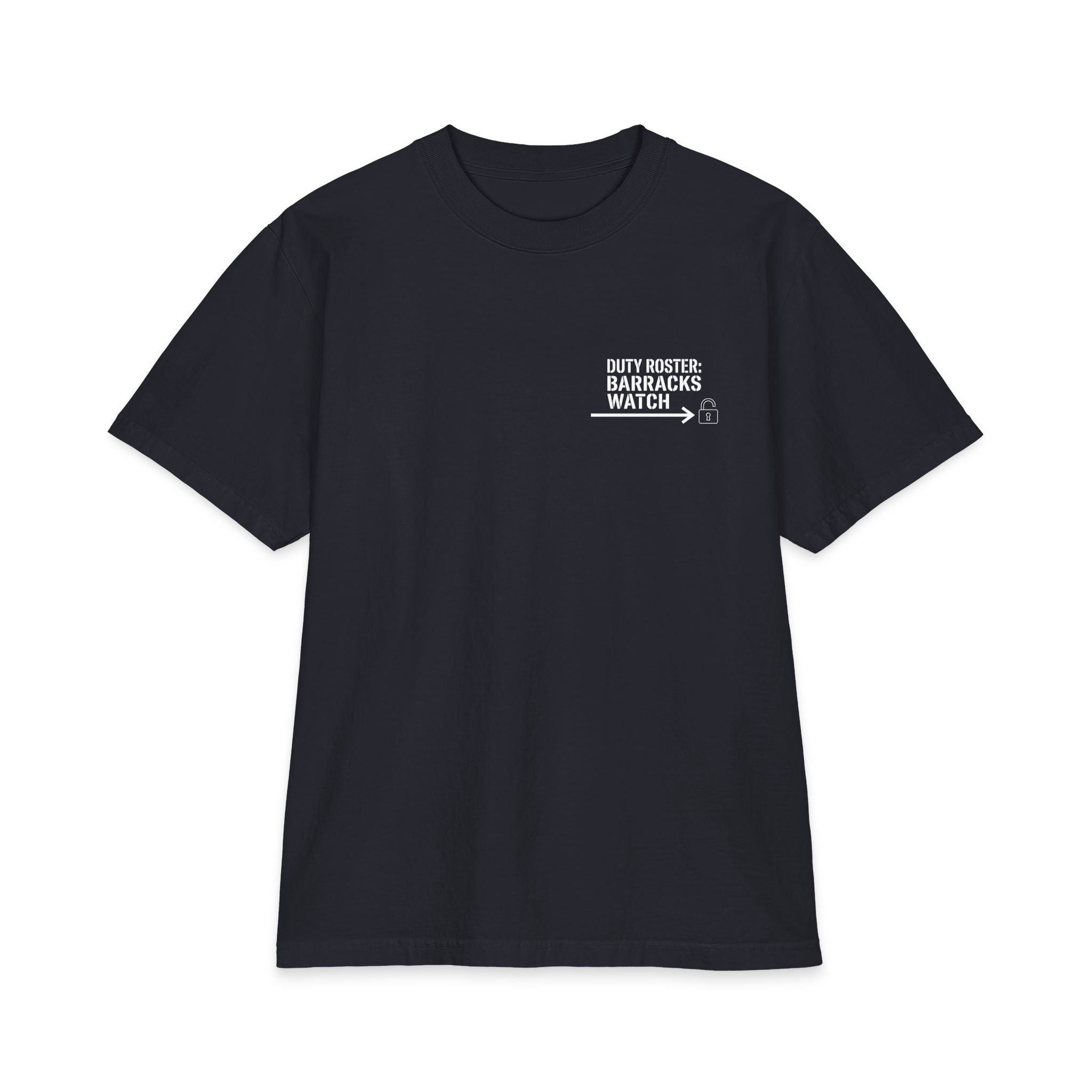 Black t-shirt with white text on a white background